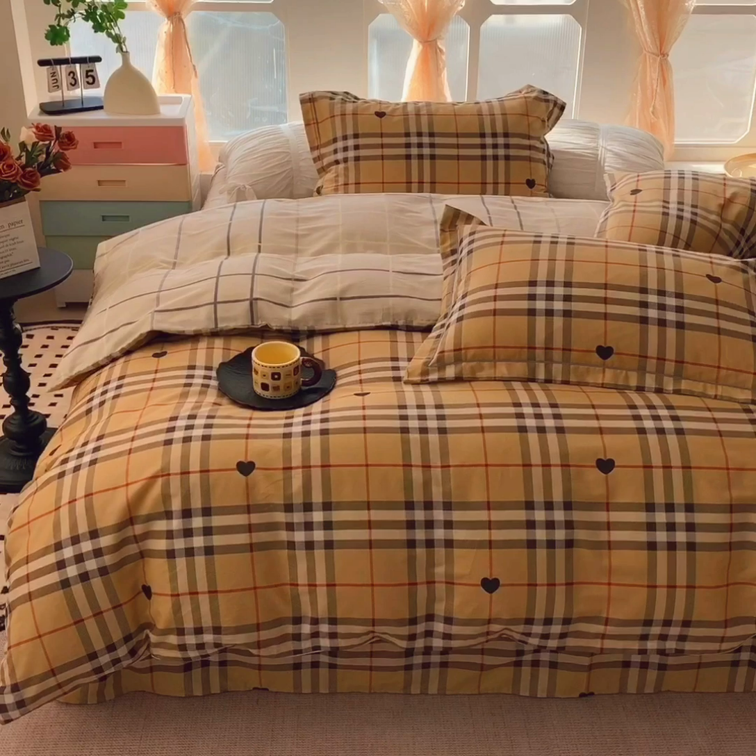 91家纺网 家纺一手货源 找家纺 奈萝家纺 2025新款亲肤小清新全棉四件套 咖啡格