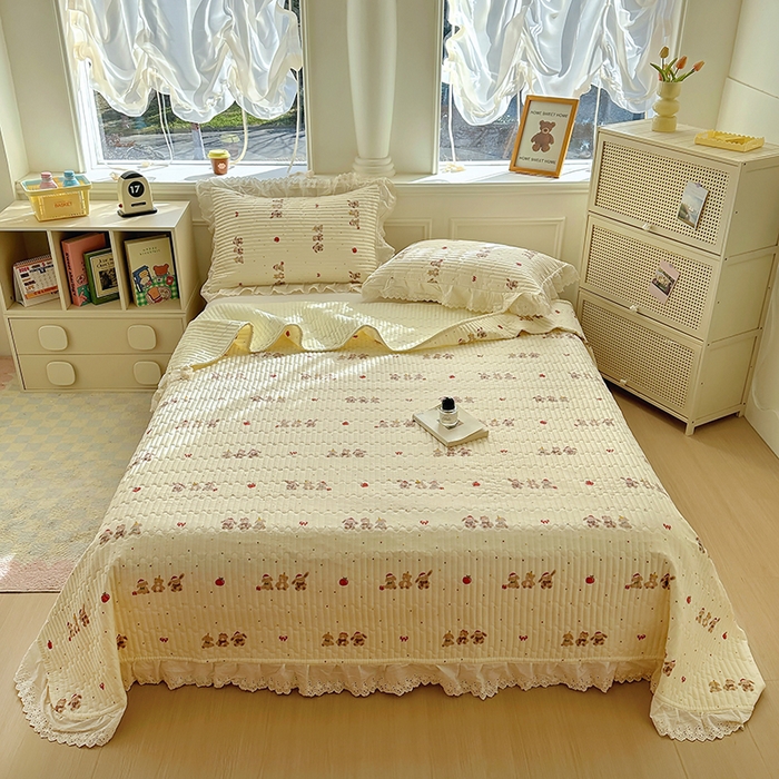 91家纺网 家纺一手货源 找家纺 美梦家纺 2025新款A类全棉13372花边床盖四件套-白边 白边-小美满