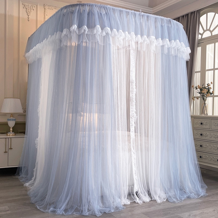 91家纺网 家纺一手货源 找家纺 宝莱利 2025年新款拉幕导轨蚊帐（可升降合金弯头支架）-田园风情 灰蓝色