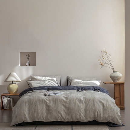 小春日和 2025新款高端民宿风纯棉四件套特殊工艺全棉被套人字纹棉1.8床笠纯色双人床单加大笠 岛屿-黑