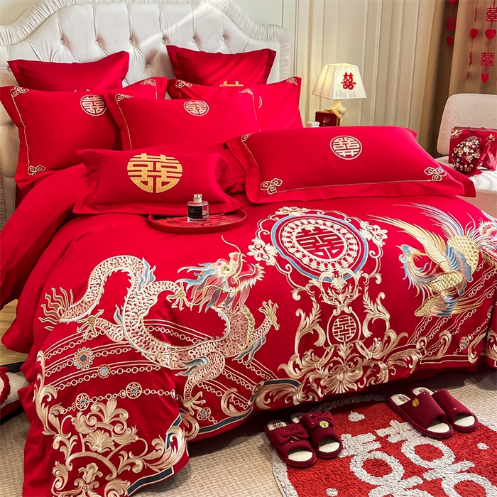 91家纺网 家纺一手货源 找家纺 欧乐蒂 2025新款亲肤棉刺绣婚庆四件套 龙翔凤跃