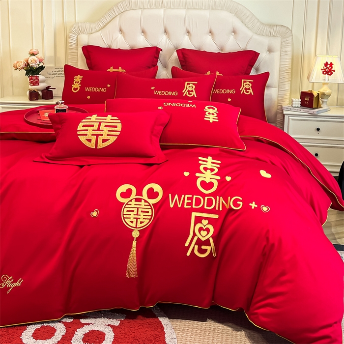 91家纺网 家纺一手货源 找家纺 欧乐蒂 2025新款亲肤棉刺绣婚庆四件套 喜愿