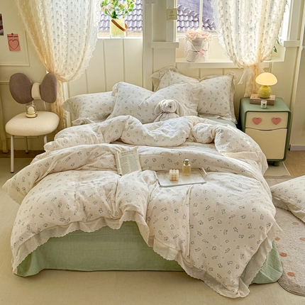 91家纺网 家纺一手货源 找家纺 （总）九沐良品  2025新款全棉双层皱皱沙印花花边款单被套					