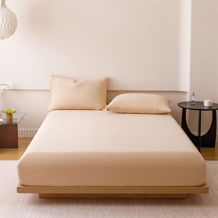 91家纺网 家纺一手货源 找家纺 趣色家纺 2025新款全棉皱皱纱单床笠 卡其