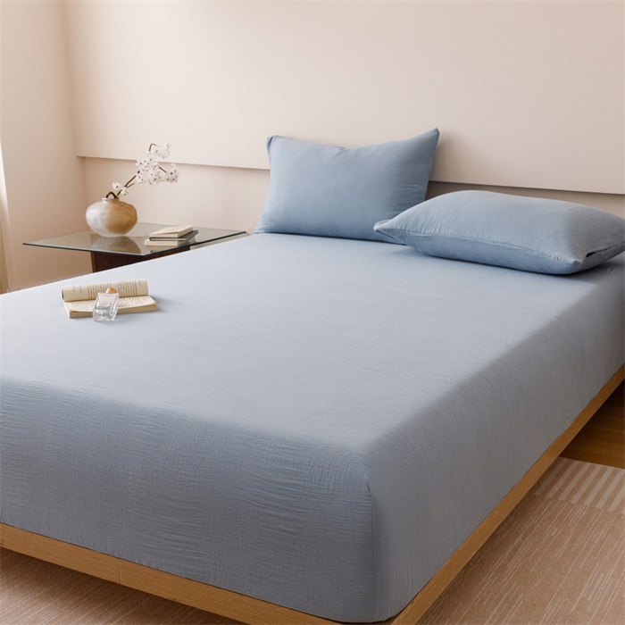 91家纺网 家纺一手货源 找家纺 趣色家纺 2025新款全棉皱皱纱单床笠 雾霾蓝