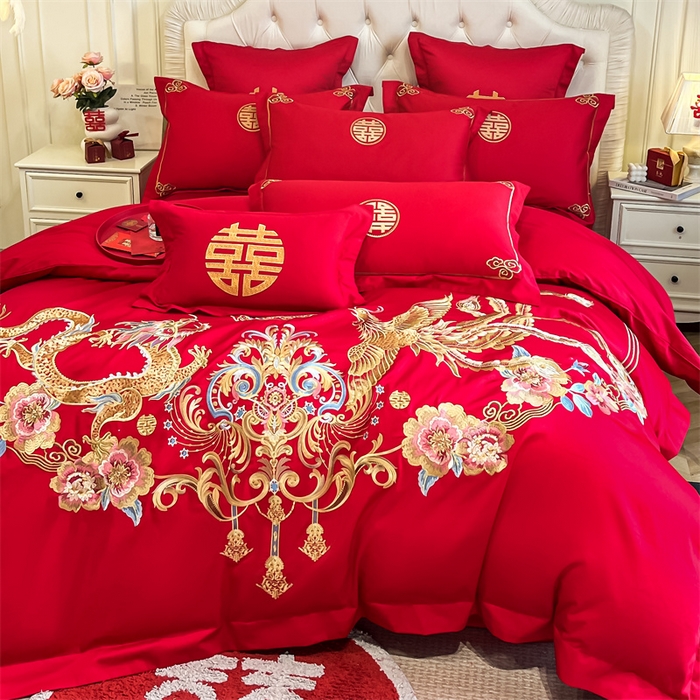 91家纺网 家纺一手货源 找家纺 欧乐蒂 2025新款亲肤棉刺绣婚庆四件套 金龙瑞凤