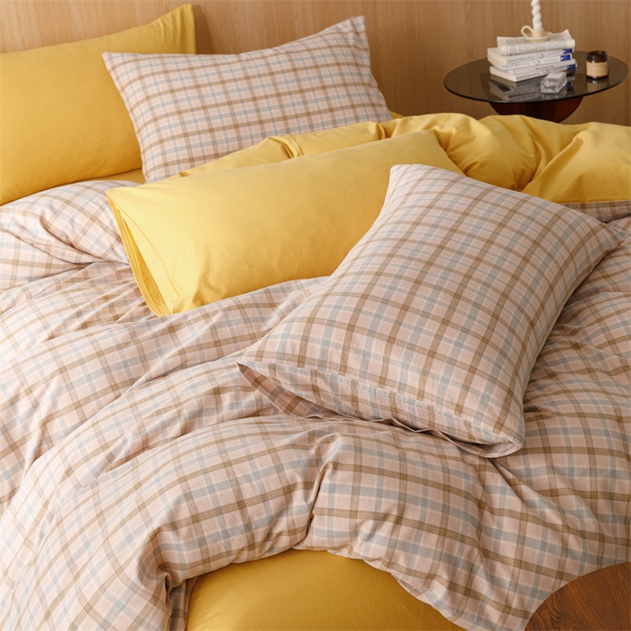 91家纺网 家纺一手货源 找家纺 趣色家纺 2025新款全棉色织水洗棉四件套 云水黄格