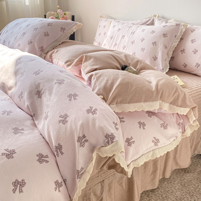 91家纺网 家纺一手货源 找家纺 梦可莱家居 2025新款全棉韩版蕾丝边床盖四件套 蝴蝶结