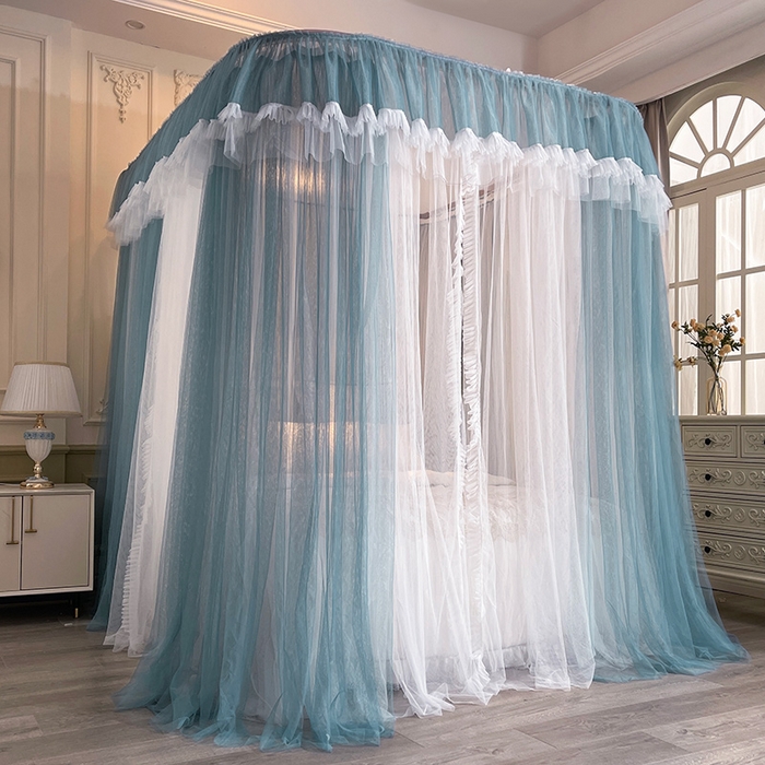 91家纺网 家纺一手货源 找家纺 宝莱利 2025年新款拉幕导轨蚊帐（可升降合金弯头支架）-田园风情 海蓝色