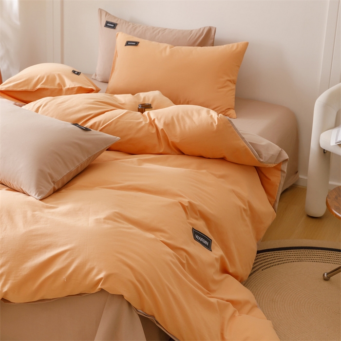 91家纺网 家纺一手货源 找家纺 趣色家纺 2025新款全棉双拼纯色四件套 焦糖+驼色