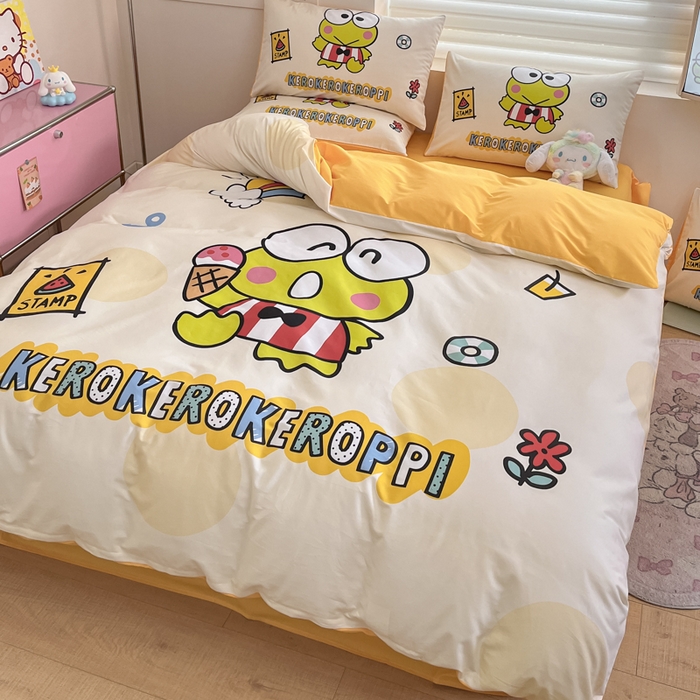 91家纺网 家纺一手货源 找家纺 金爱家 2025新款纯棉数码印花大阪三丽鸥四件套 假期快乐