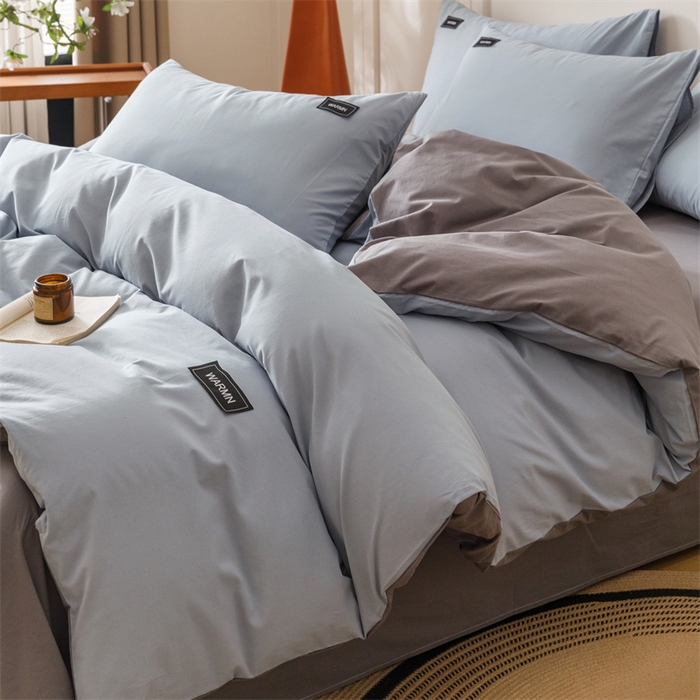 91家纺网 家纺一手货源 找家纺 趣色家纺 2025新款全棉双拼纯色四件套 雾霾蓝+浅灰