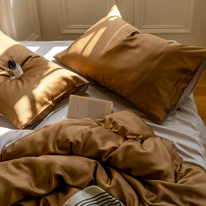 91家纺网 家纺一手货源 找家纺  沐晴家纺 2025春夏新款纯色兰精天丝四件套双拼单被套单床笠床单枕套 敦煌色-曙光银
