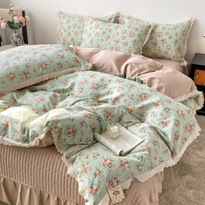 91家纺网 家纺一手货源 找家纺 梦可莱家居 2025新款全棉韩版蕾丝边床盖四件套 玫小姐