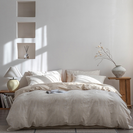 91家纺网 家纺一手货源 找家纺 （总）小春日和 2025新款高端民宿风纯棉四件套特殊工艺全棉被套人字纹棉1.8床笠纯色双人床单加大笠