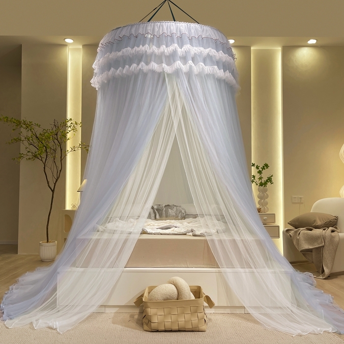 91家纺网 家纺一手货源 找家纺 宝莱利 2025年新款圆顶吊顶蚊帐-唯美 灰蓝色