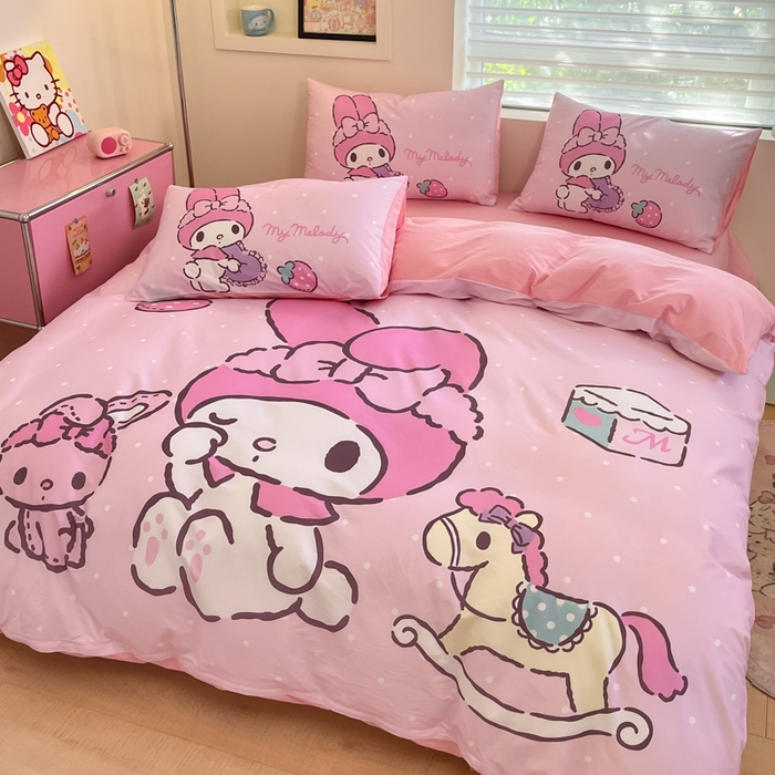 91家纺网 家纺一手货源 找家纺 金爱家 2025新款纯棉数码印花大阪三丽鸥四件套 D木马美乐蒂