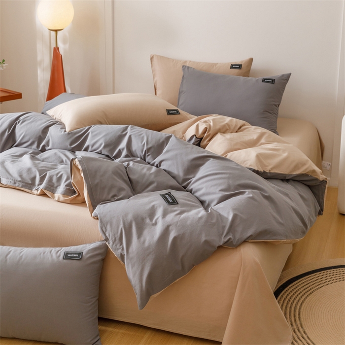 91家纺网 家纺一手货源 找家纺 趣色家纺 2025新款全棉双拼纯色四件套 浅灰+卡其