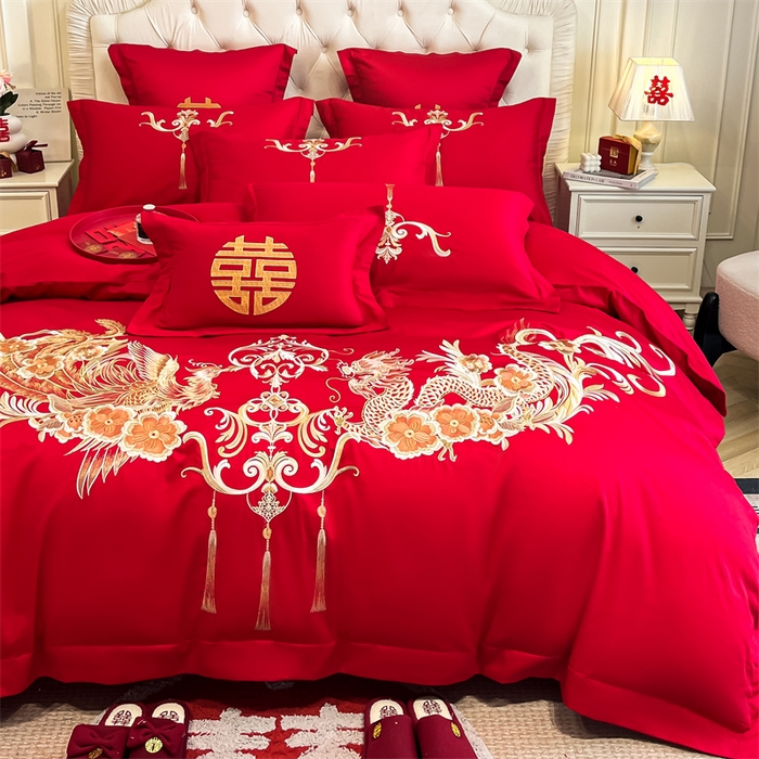 91家纺网 家纺一手货源 找家纺 欧乐蒂 2025新款亲肤棉刺绣婚庆四件套 龙凤爱恋