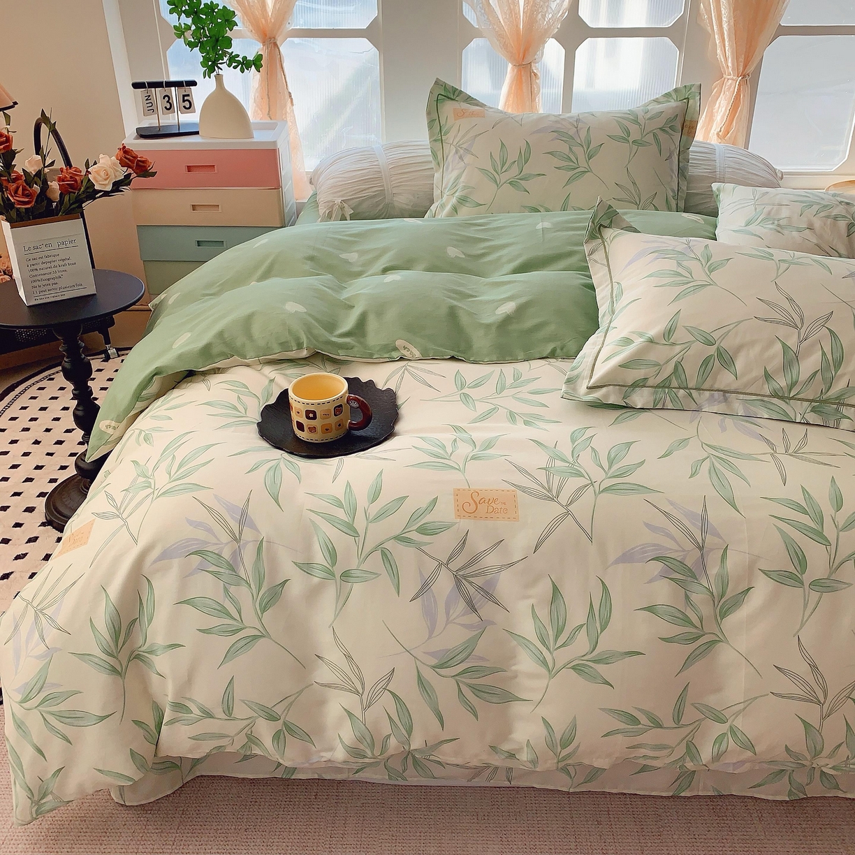 91家纺网 家纺一手货源 找家纺 奈萝家纺 2025新款亲肤小清新全棉四件套 叶曲