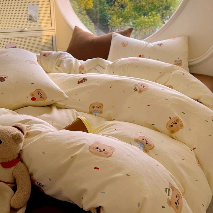 91家纺网 家纺一手货源 找家纺 2025耀达新款舒适水洗棉印花四件套 曲奇小熊-印花