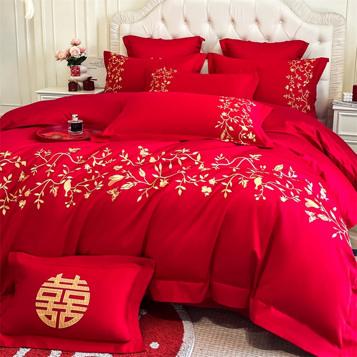 91家纺网 家纺一手货源 找家纺 欧乐蒂 2025新款亲肤棉刺绣婚庆四件套 喜上枝头