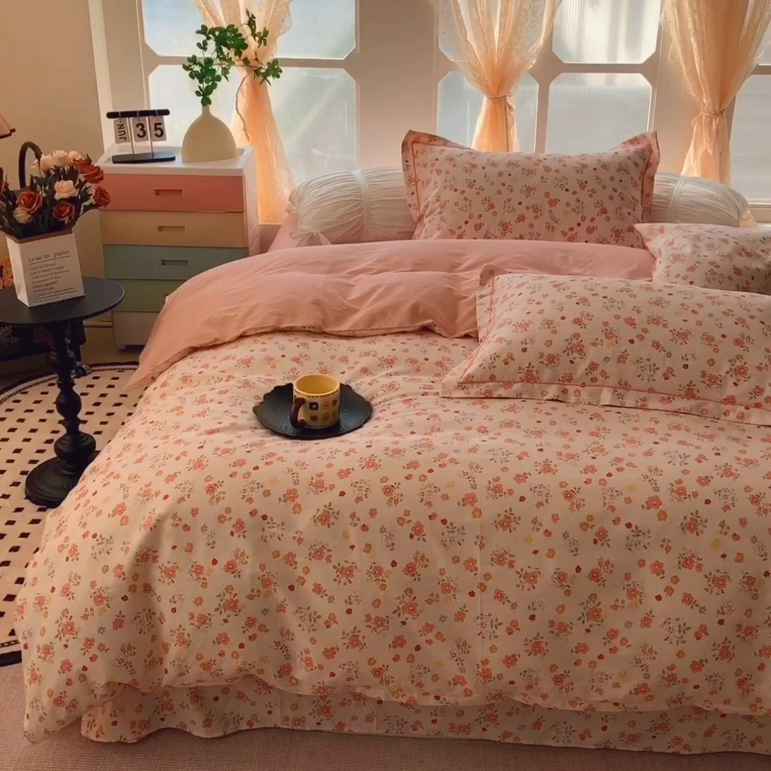 91家纺网 家纺一手货源 找家纺 奈萝家纺 2025新款亲肤小清新全棉四件套 芬芳粉