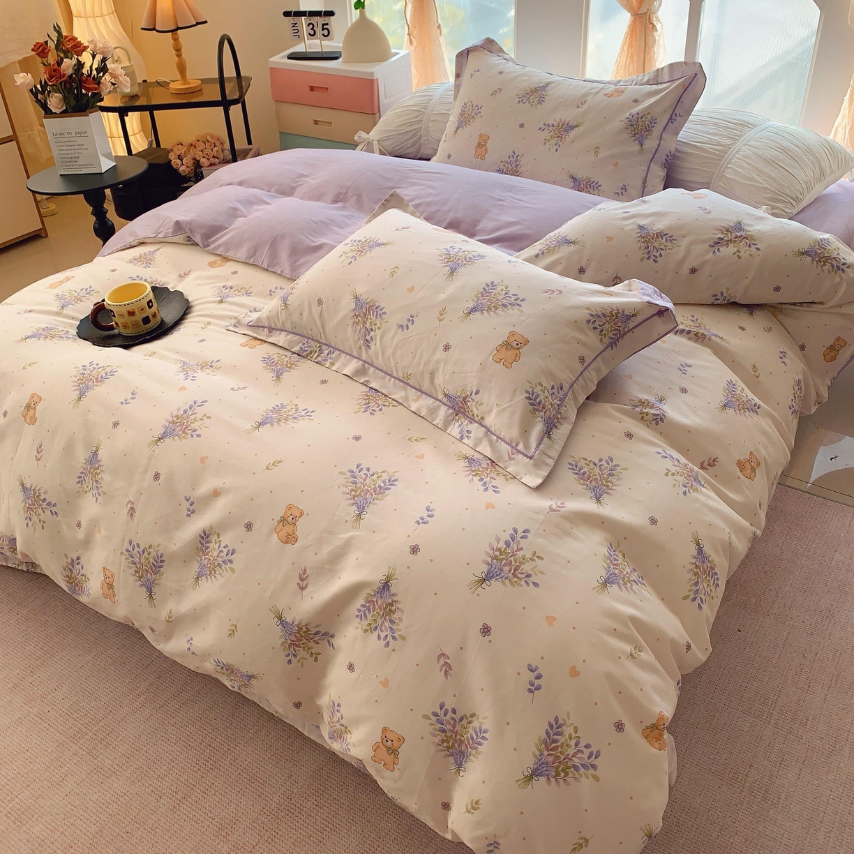 91家纺网 家纺一手货源 找家纺 奈萝家纺 2025新款亲肤小清新全棉四件套 松松熊米