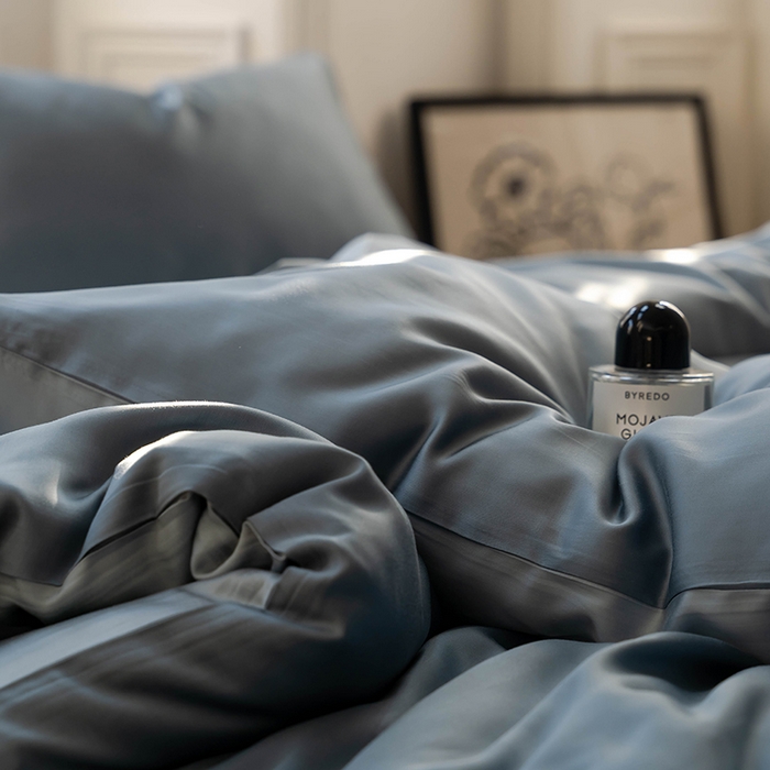 91家纺网 家纺一手货源 找家纺  沐晴家纺 2025春夏新款纯色兰精天丝四件套双拼单被套单床笠床单枕套 灰蓝色-冰川灰