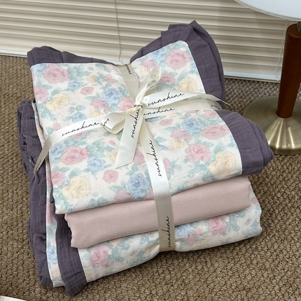 91家纺网 家纺一手货源 找家纺 （总）荣轩 2024新款全棉印花双层纱四件套 皱皱纱花边款