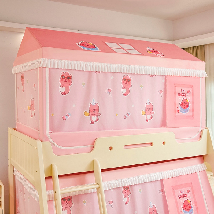 91家纺网 家纺一手货源 找家纺 迪凡保罗蚊帐 2025新款2504专版印花遮光帘上下铺子母蚊帐-城堡款 粉红小熊