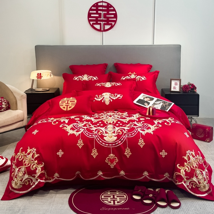 91家纺网 家纺一手货源 找家纺 欧乐蒂 2025新款欧式亲肤棉婚庆四件套 巴洛克-红