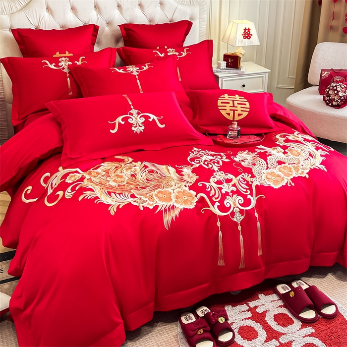 91家纺网 家纺一手货源 找家纺 欧乐蒂 2025新款亲肤棉刺绣婚庆四件套 龙凤爱恋