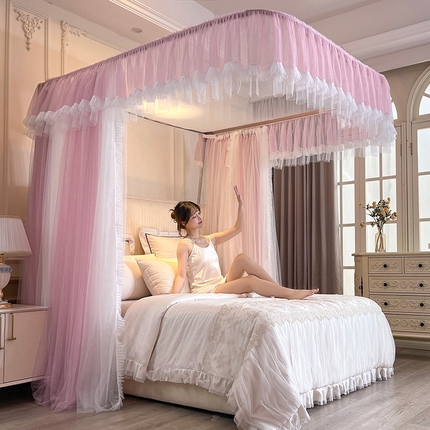 91家纺网 家纺一手货源 找家纺 宝莱利 2025年新款拉幕导轨蚊帐（可升降合金弯头支架）-田园风情 豆沙红