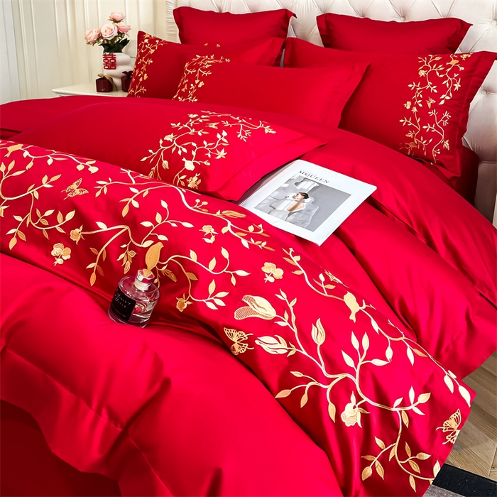 91家纺网 家纺一手货源 找家纺 欧乐蒂 2025新款亲肤棉刺绣婚庆四件套 喜上枝头