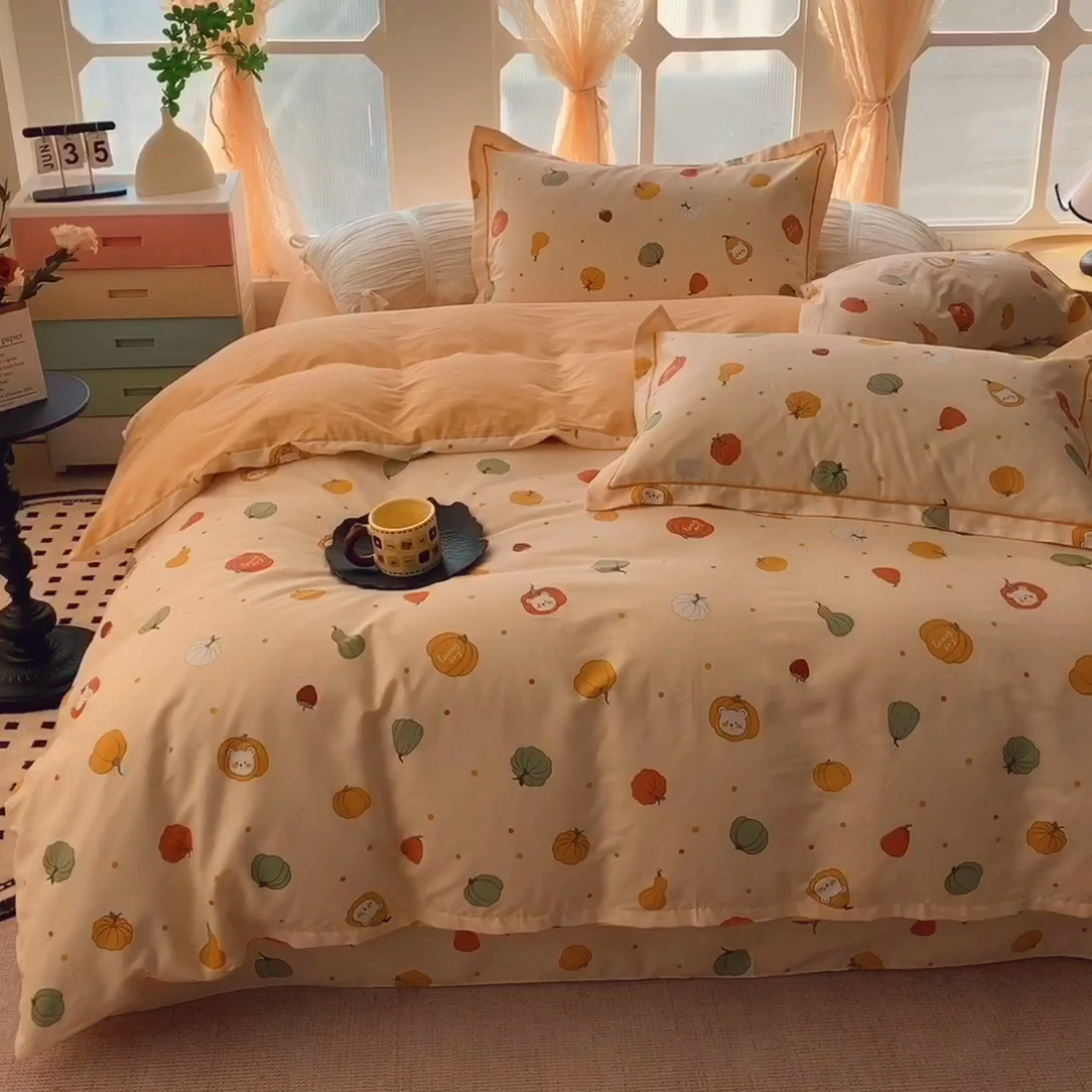 91家纺网 家纺一手货源 找家纺 奈萝家纺 2025新款亲肤小清新全棉四件套 元气南瓜