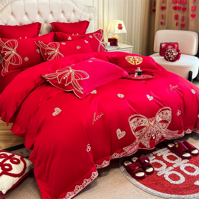 91家纺网 家纺一手货源 找家纺 欧乐蒂 2025新款亲肤棉刺绣婚庆四件套 一见倾心