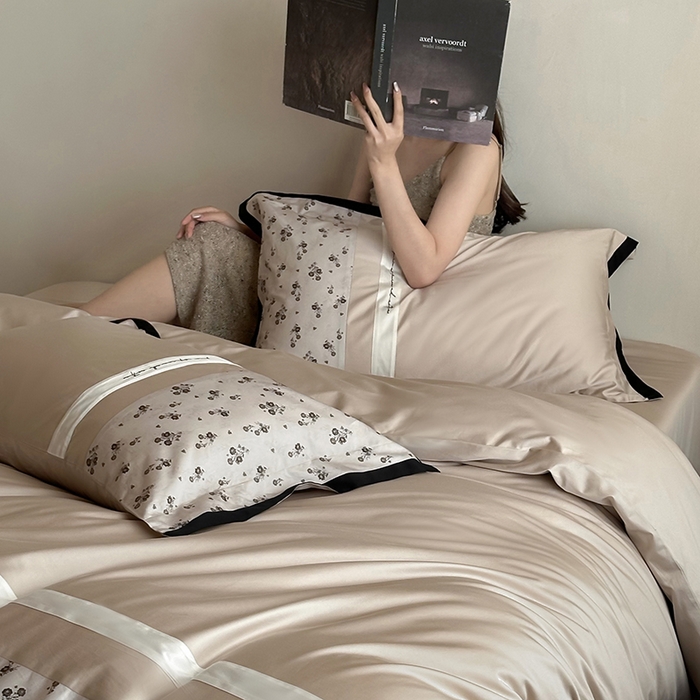 91家纺网 家纺一手货源 找家纺 赫帛 2025新款50支长绒棉四件套-春日絮语 春日絮语-亚麻色