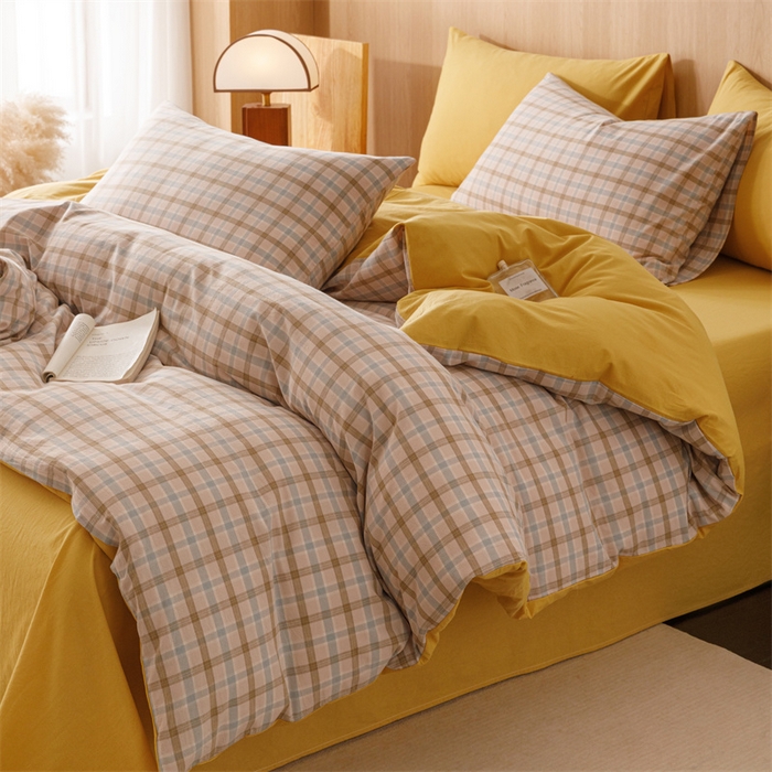 91家纺网 家纺一手货源 找家纺 趣色家纺 2025新款全棉色织水洗棉四件套 云水黄格