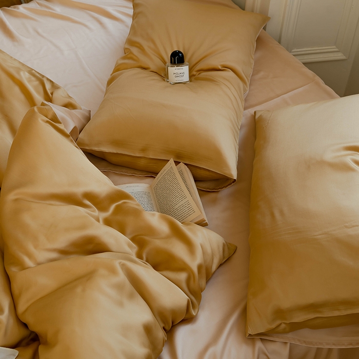 91家纺网 家纺一手货源 找家纺  沐晴家纺 2025春夏新款纯色兰精天丝四件套双拼单被套单床笠床单枕套 芝士黄-沙茶色