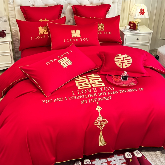 91家纺网 家纺一手货源 找家纺 欧乐蒂 2025新款亲肤棉刺绣婚庆四件套 今生今世