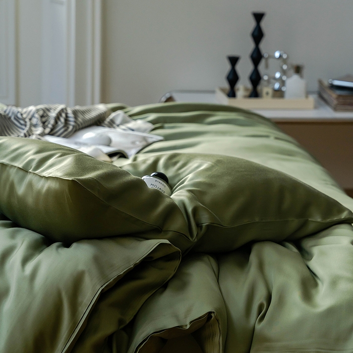 91家纺网 家纺一手货源 找家纺  沐晴家纺 2026春夏新款纯色兰精天丝四件套双拼单被套单床笠床单枕套 欧芹绿