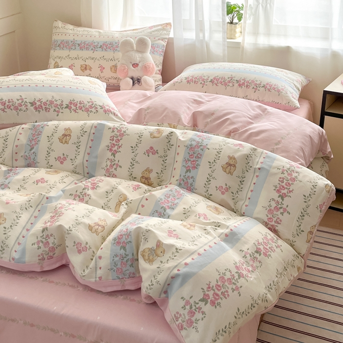 91家纺网 家纺一手货源 找家纺 吉象家纺 2025新款高支密全棉印花四件套12868跑量款 碎花小兔