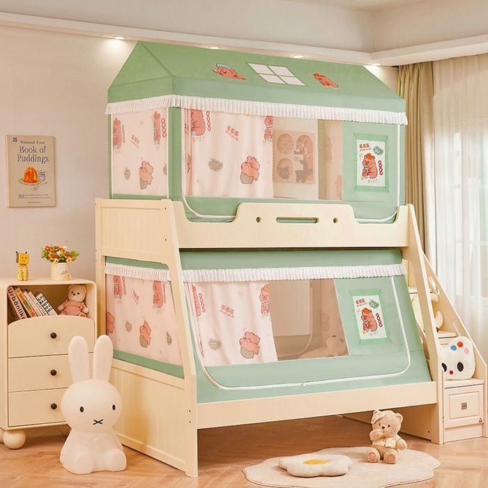 91家纺网 家纺一手货源 找家纺 迪凡保罗蚊帐 2025新款2504专版印花遮光帘上下铺子母蚊帐-城堡款 呆萌豚豚