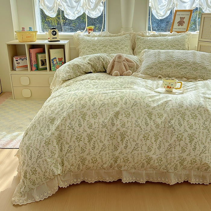 91家纺网 家纺一手货源 找家纺 美梦家纺 2025新款A类全棉13372花边床盖四件套-白边 白边-忘忧草