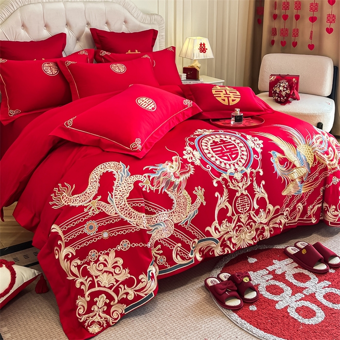 91家纺网 家纺一手货源 找家纺 欧乐蒂 2025新款亲肤棉刺绣婚庆四件套 龙翔凤跃