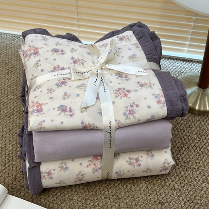 91家纺网 家纺一手货源 找家纺 （总）荣轩 2024新款全棉印花双层纱四件套 皱皱纱花边款