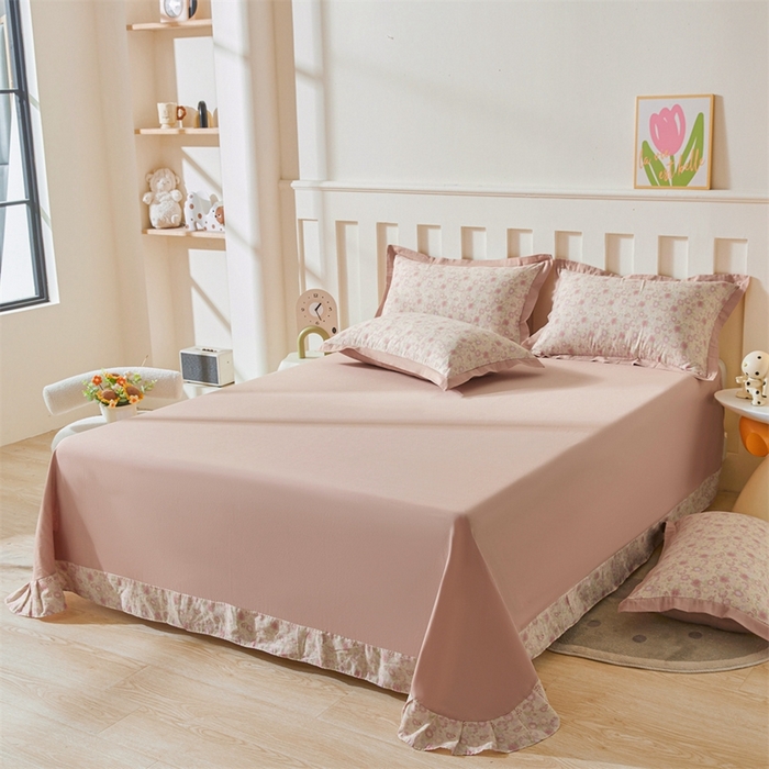 91家纺网 家纺一手货源 找家纺 缦彩 【加微信送买家秀】2025新款母婴级双层纱宽边床单四件套 怦然心动