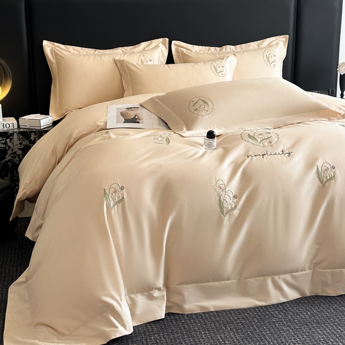 91家纺网 家纺一手货源 找家纺 新方向 2025新款全棉长绒棉刺绣四件套-铃兰物语 铃兰物语-香槟