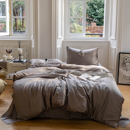 91家纺网 家纺一手货源 找家纺  沐晴家纺 2025春夏新款纯色兰精天丝四件套双拼单被套单床笠床单枕套 岩石灰